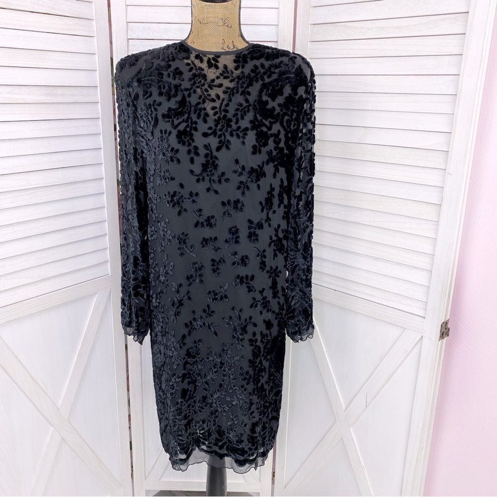 Marian Clayden Vintage‎ Silk Velvet Burnout Shift Dress Black Medium Gothic